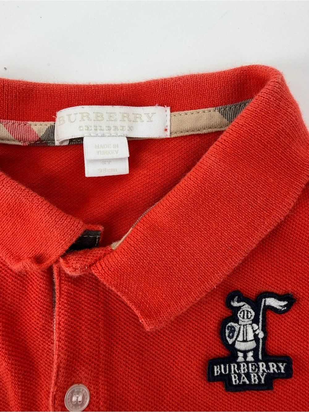 Burberry Children Boys Red Polo Shirt Size 3Y 98cm Nova Check Trim Baby Knight